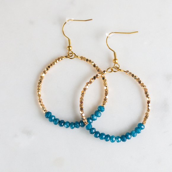 Blue Apatite Sparkly Gold Hoop Earrings Fun dangle party earrings gift for her - Picture 10 of 10